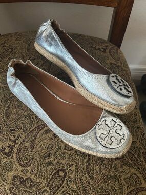 Tory Burch Metallic Silver Espadrille Ballet Flats with Logo Medallion